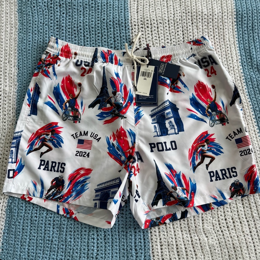 Ralph Lauren White Team USA Paris Print Swim Shorts